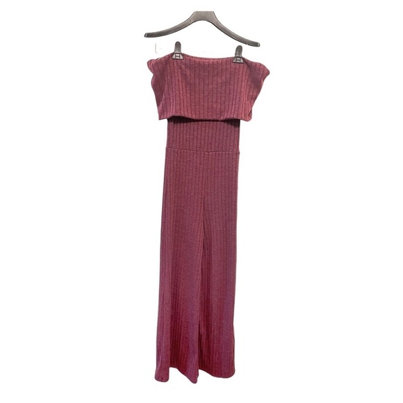 Lulu’s Off Shoulder Burgundy Ribbed Knit Wide Leg Jumpsuit - Picture 7 of 8